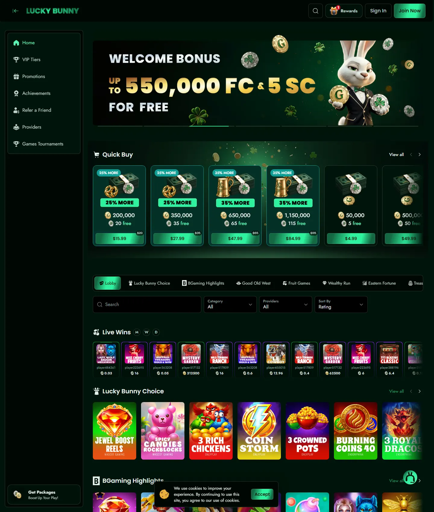 Screenshot of the Lucky Bunny website